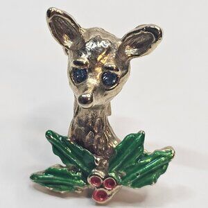 Gold Tone Painted Reindeer Blue Rhinestone Eyes Brooch Christmas Pin Taiwan